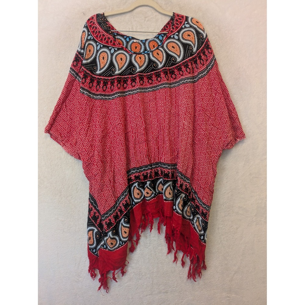 Women's Poncho Top One Size Red Paisley Fringe Oversized Scoop Neck